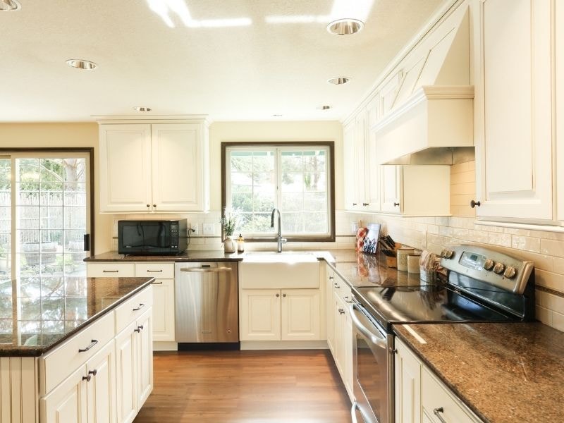 Accessible kitchen with lowered countertops and pull-out shelving